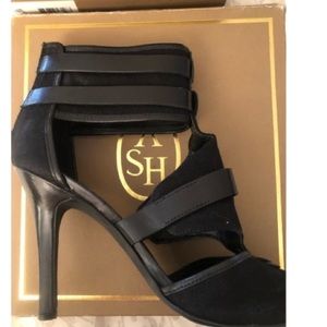 Ash size 10 black leather & denim open toe ankle wrap heels